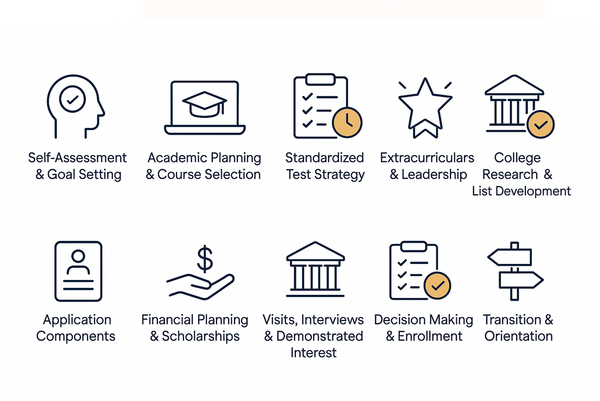 College counseling process steps with icons for goal setting, high school planning, test prep, extracurriculars, applications, scholarships, interviews, and enrollment.