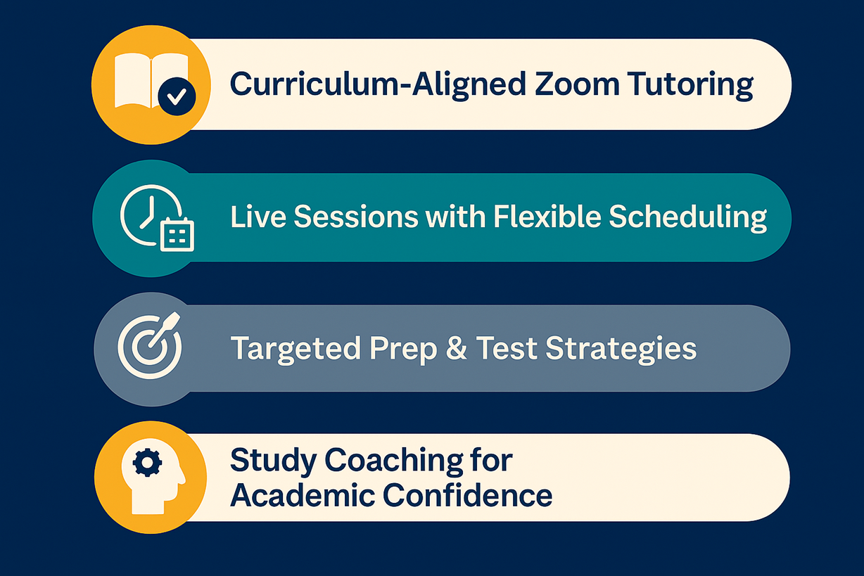Scholar Sphere tutoring features: curriculum-aligned Zoom tutoring, live sessions with flexible scheduling, targeted prep and test strategies, and study coaching for academic confidence