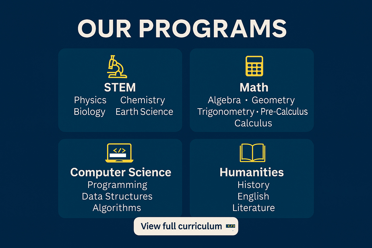 Scholar Sphere online tutoring programs in STEM, Math, Computer Science, and Humanities, covering Physics, Chemistry, Biology, Algebra, Calculus, Programming, History, and Literature.